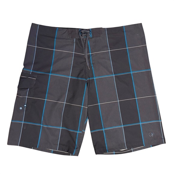 Ocean Pacific Other - Ocean Pacific OP Board Shorts Mens 38 Grey Blue Plaid OPFlex 4-Way Stretch Swim